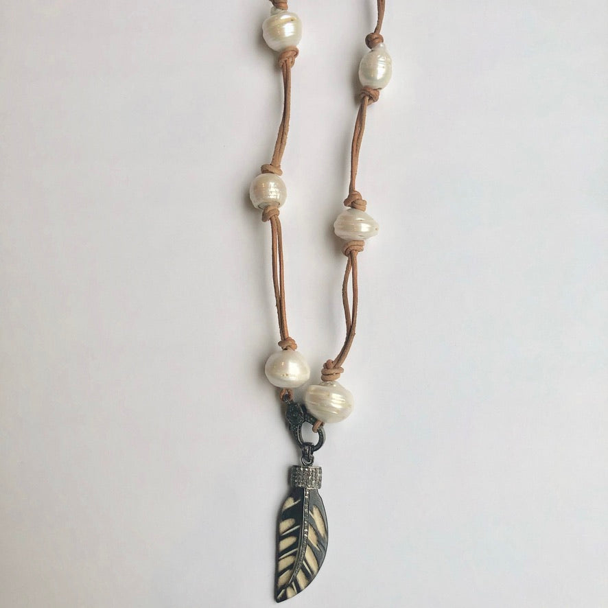 Diamond & African Batik Bone Leaf on Pearl & Leather Necklace
