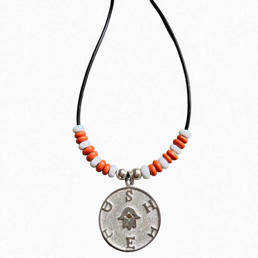SHIELD/Hamsa on Burnt Orange & White Necklace
