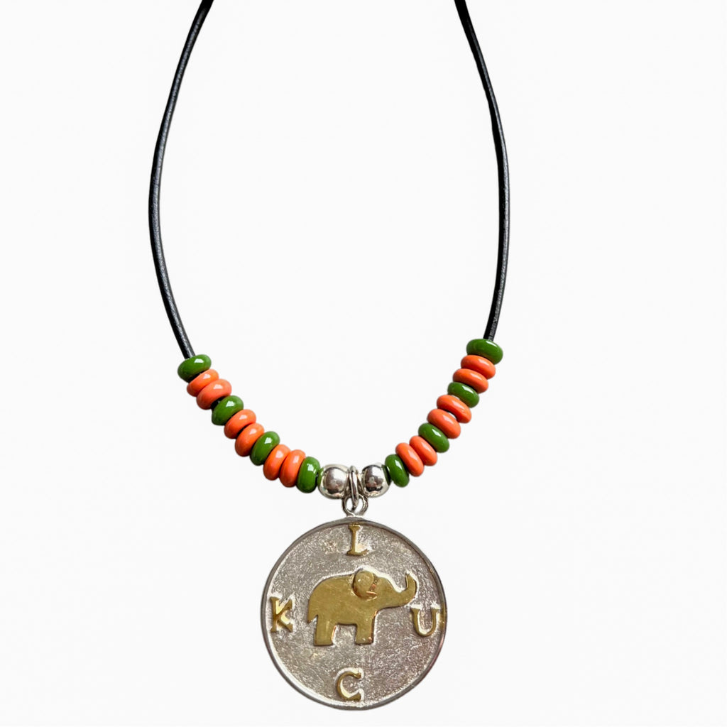 LUCK/Elephant on Orange & Green Necklace